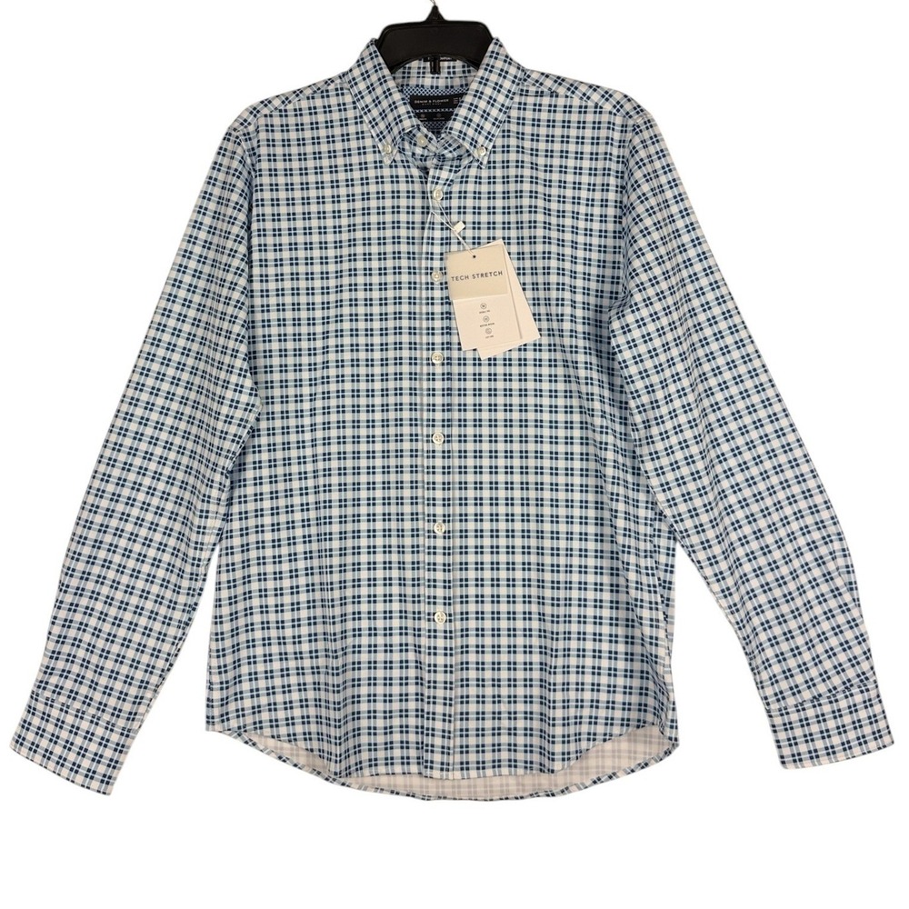 Denim & Flower Ricky Singh Mens Small Tech Stretch Blue Plaid Button Down Shirt
